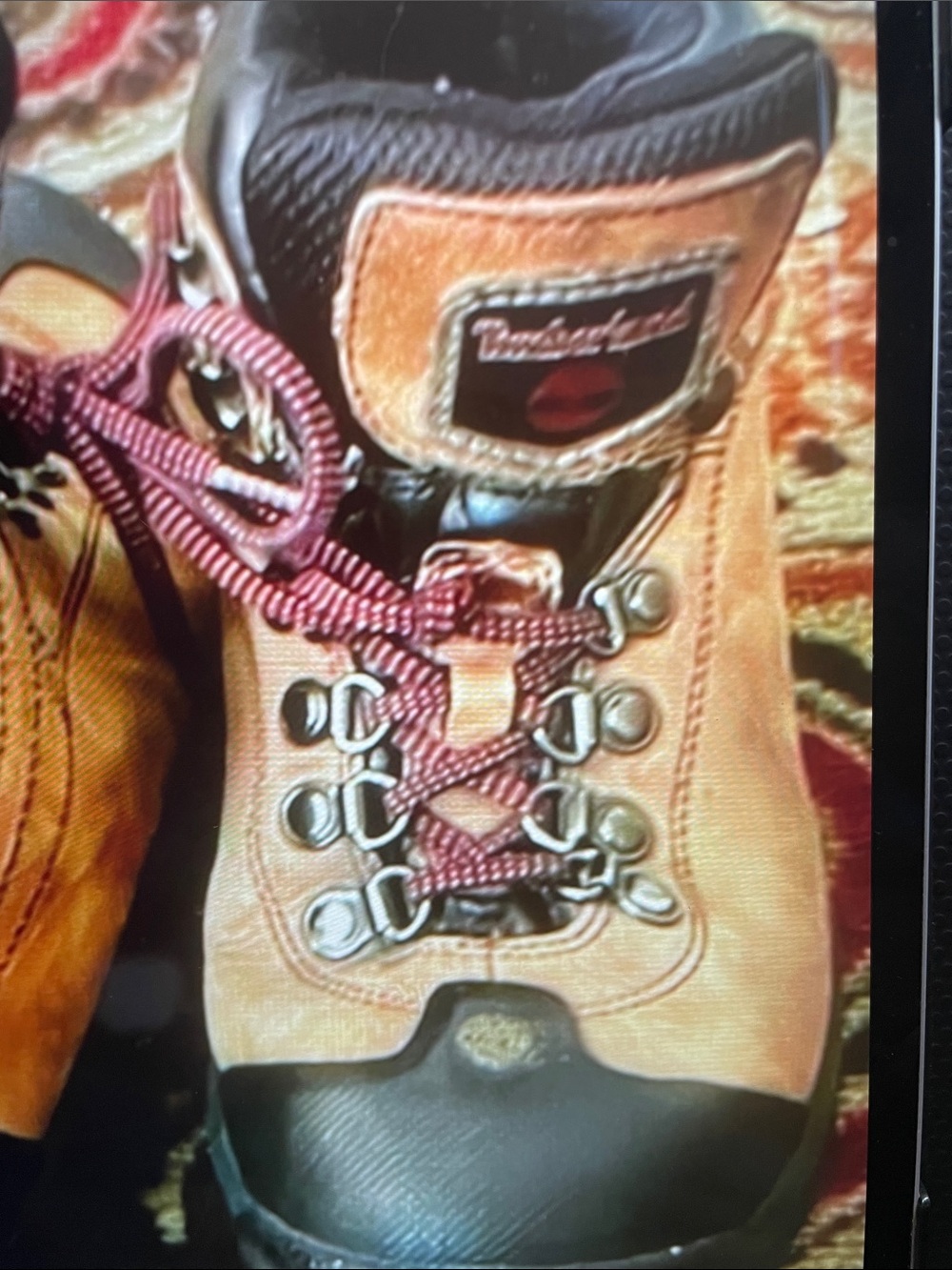 Timberland Womens Tan Leather Hiking Boots with Black Toe and Maroon Laces